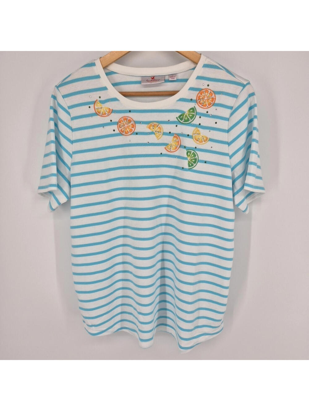 Quacker Factory Striped Top Embroidered Rhinestones Blue And White Shirt Size L